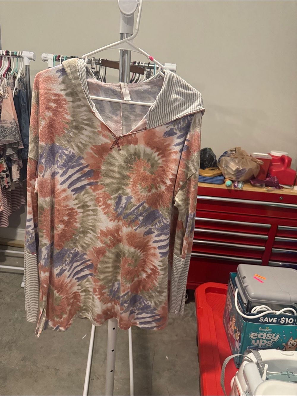 Honeyme Peach, Olive & Lavender Tie-Dye Hooded Long Sleeve Top